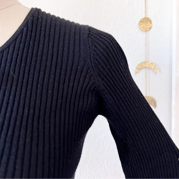 ZARA Black Ribbed Knit Lace Up V Neck Calf Length Long Sleeve Dress - Picture 7 of 11